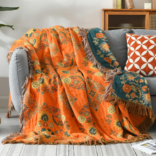 Reversible Floral Cotton Throw Blanket - Retro Marigold Sofa & Bed Throw