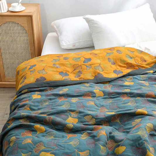 Reversible Ginkgo Leaf Cotton Quilt - Botanical Bedspread with Pillowcase Option