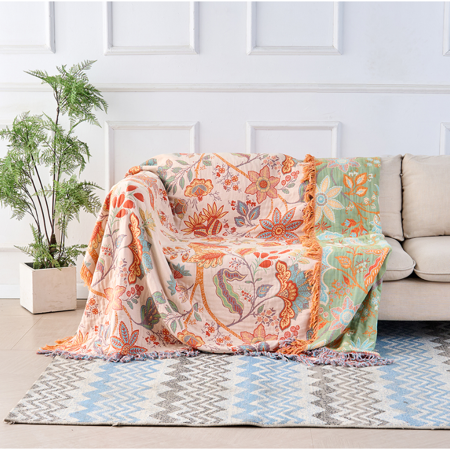 Reversible Boho Floral Throw Blanket - Cotton Rustic Bed & Sofa Throw