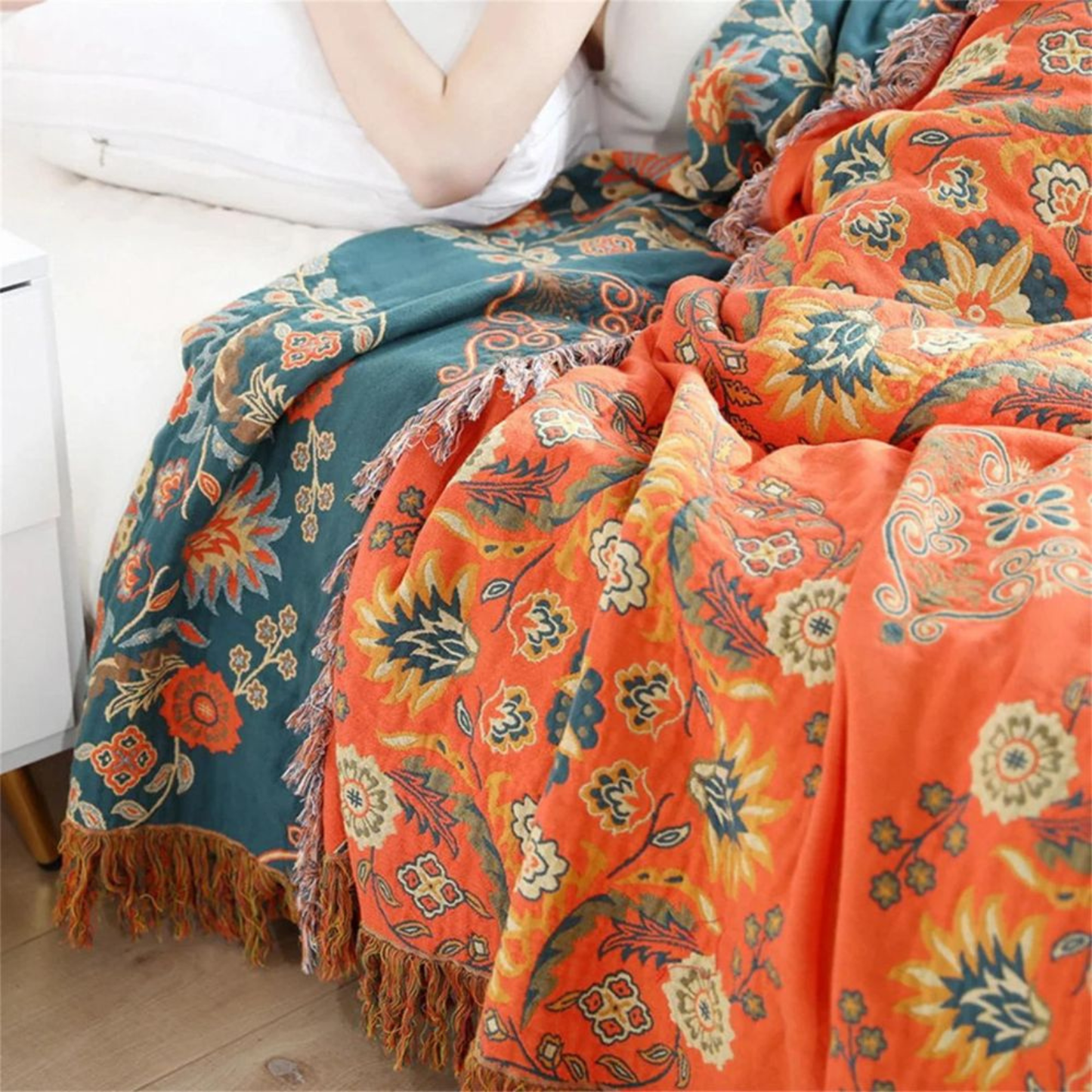 Reversible Floral Cotton Throw Blanket - Retro Marigold Sofa & Bed Throw