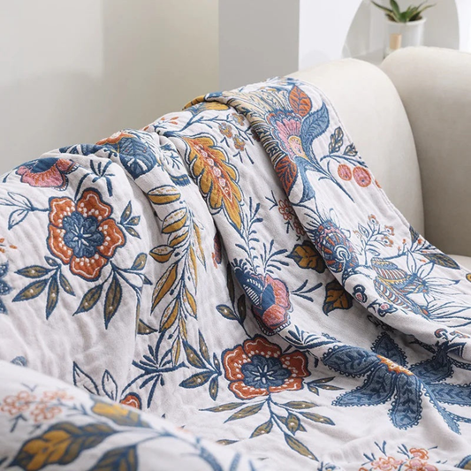 Reversible Floral Cotton Throw Blanket - Rustic Artistic Jacquard Bed & Sofa Throw