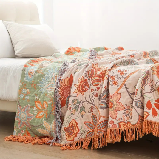 Reversible Boho Floral Throw Blanket - Cotton Rustic Bed & Sofa Throw