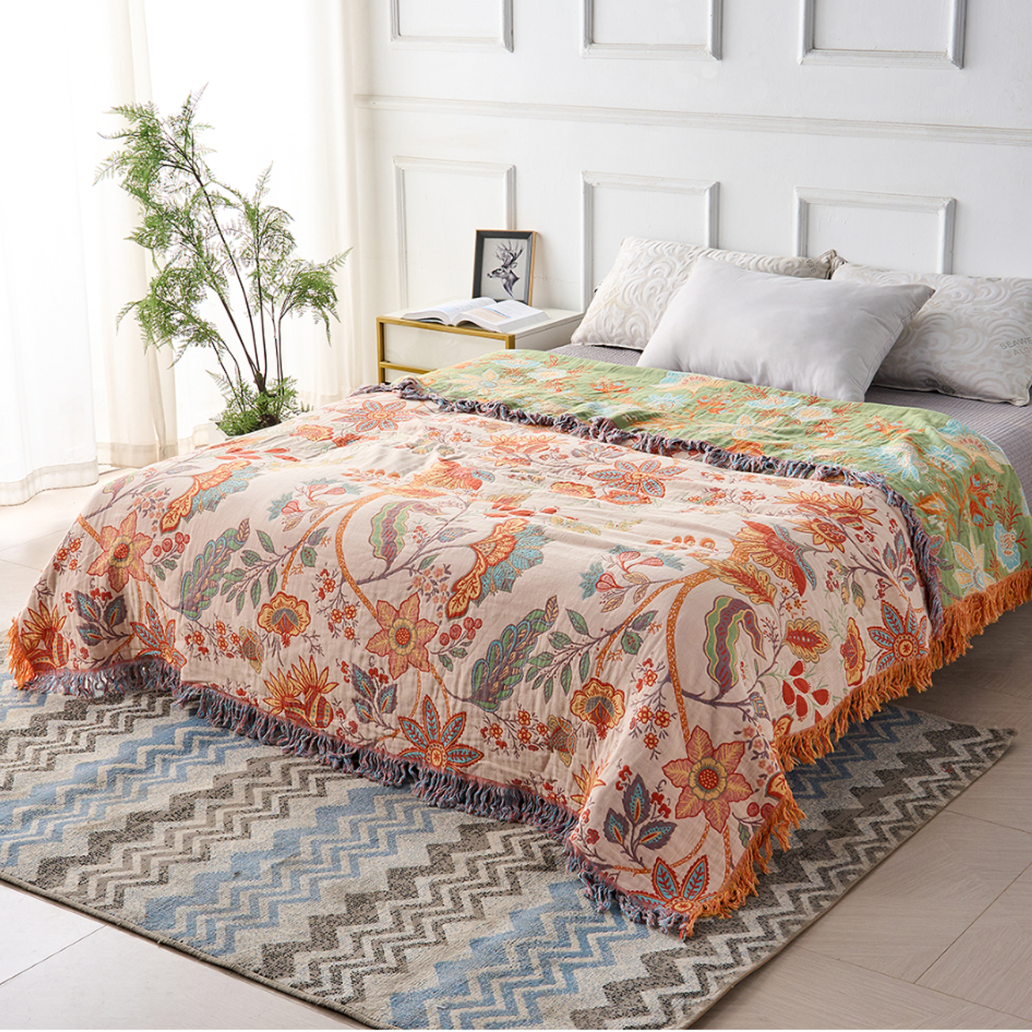 Reversible Boho Floral Throw Blanket - Cotton Rustic Bed & Sofa Throw