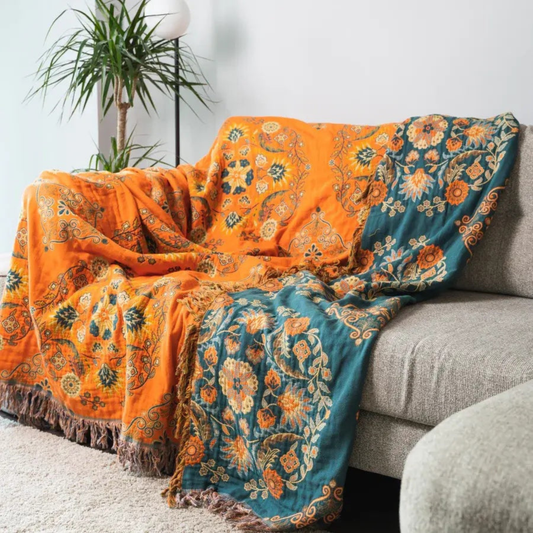 Reversible Floral Cotton Throw Blanket - Retro Marigold Sofa & Bed Throw
