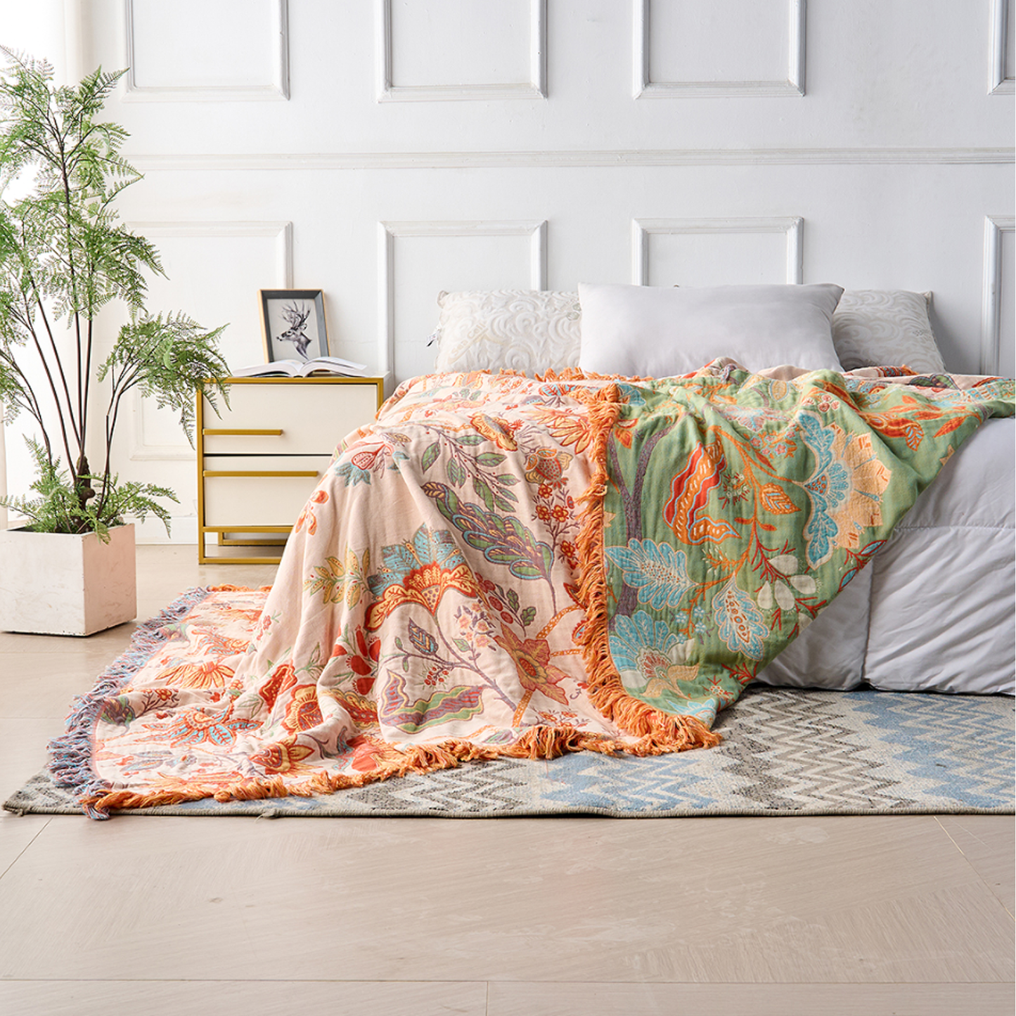 Reversible Boho Floral Throw Blanket - Cotton Rustic Bed & Sofa Throw