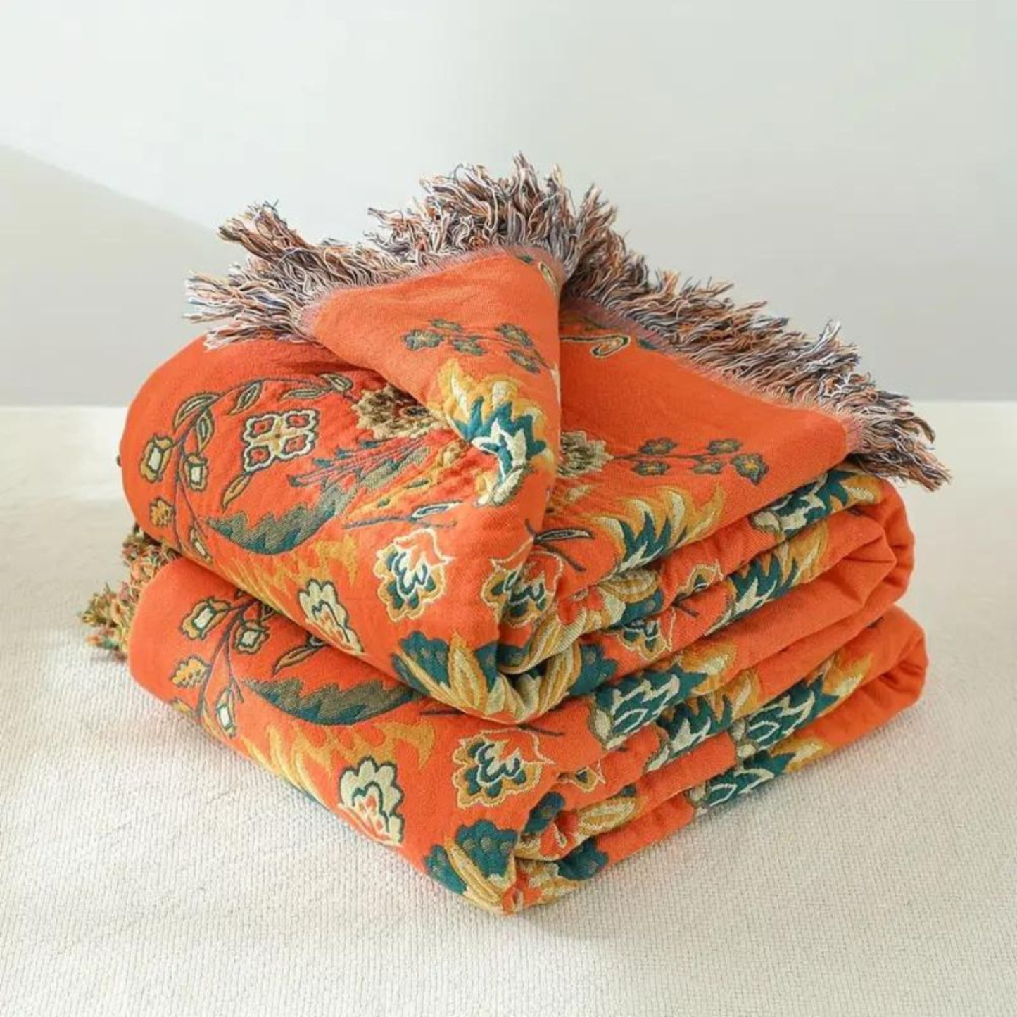 Reversible Floral Cotton Throw Blanket - Retro Marigold Sofa & Bed Throw