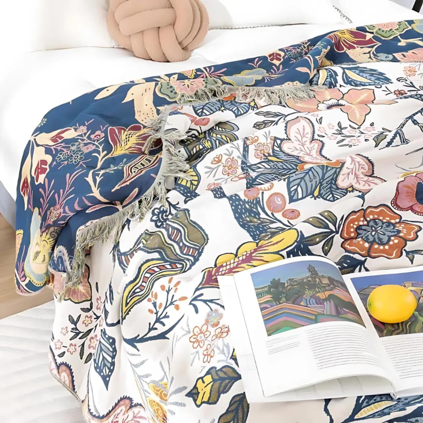 Reversible Floral Cotton Throw Blanket - Rustic Artistic Jacquard Bed & Sofa Throw