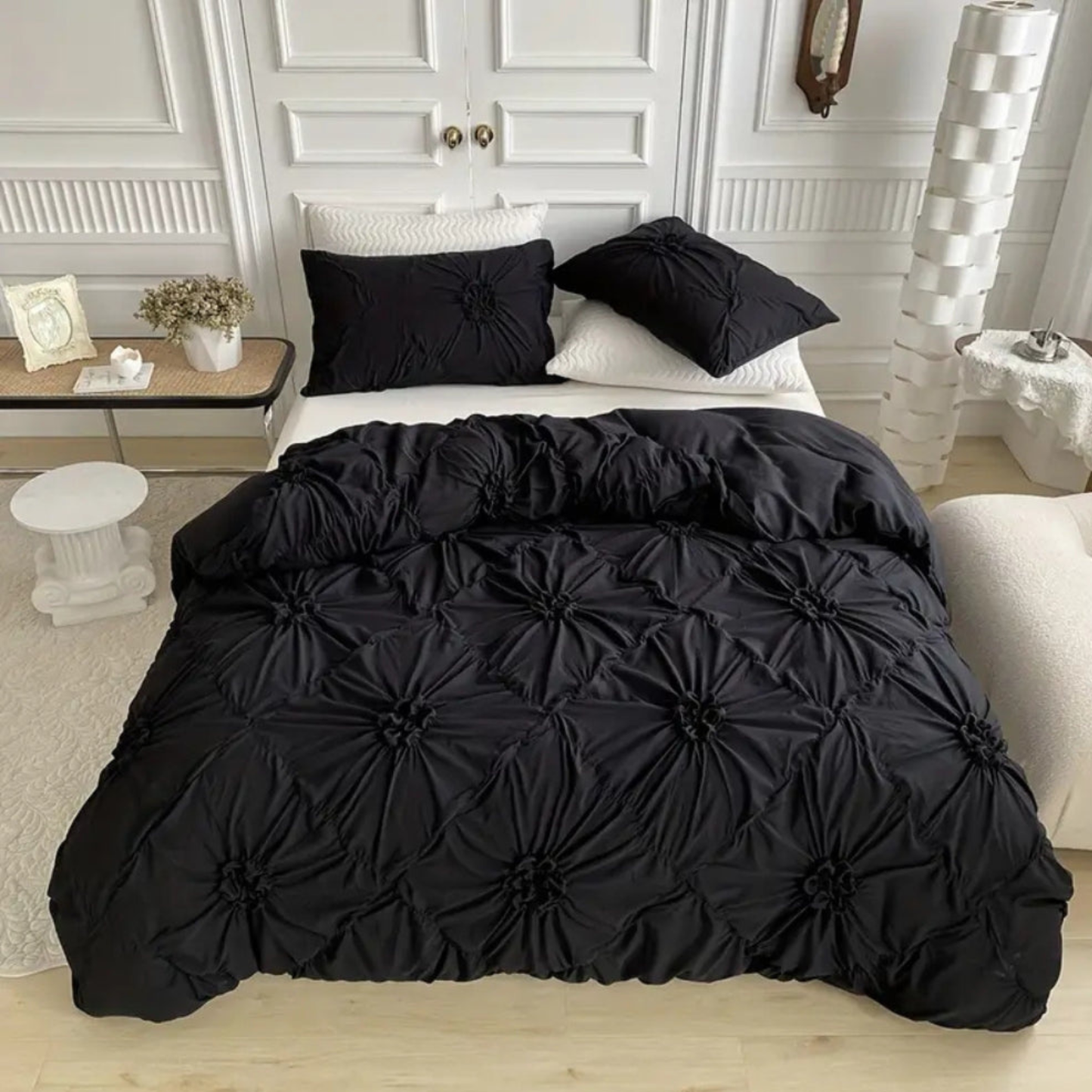 Ruffle Flower Quilt Cover Set - Pinch Pleated Bedding Set with Pillowcases