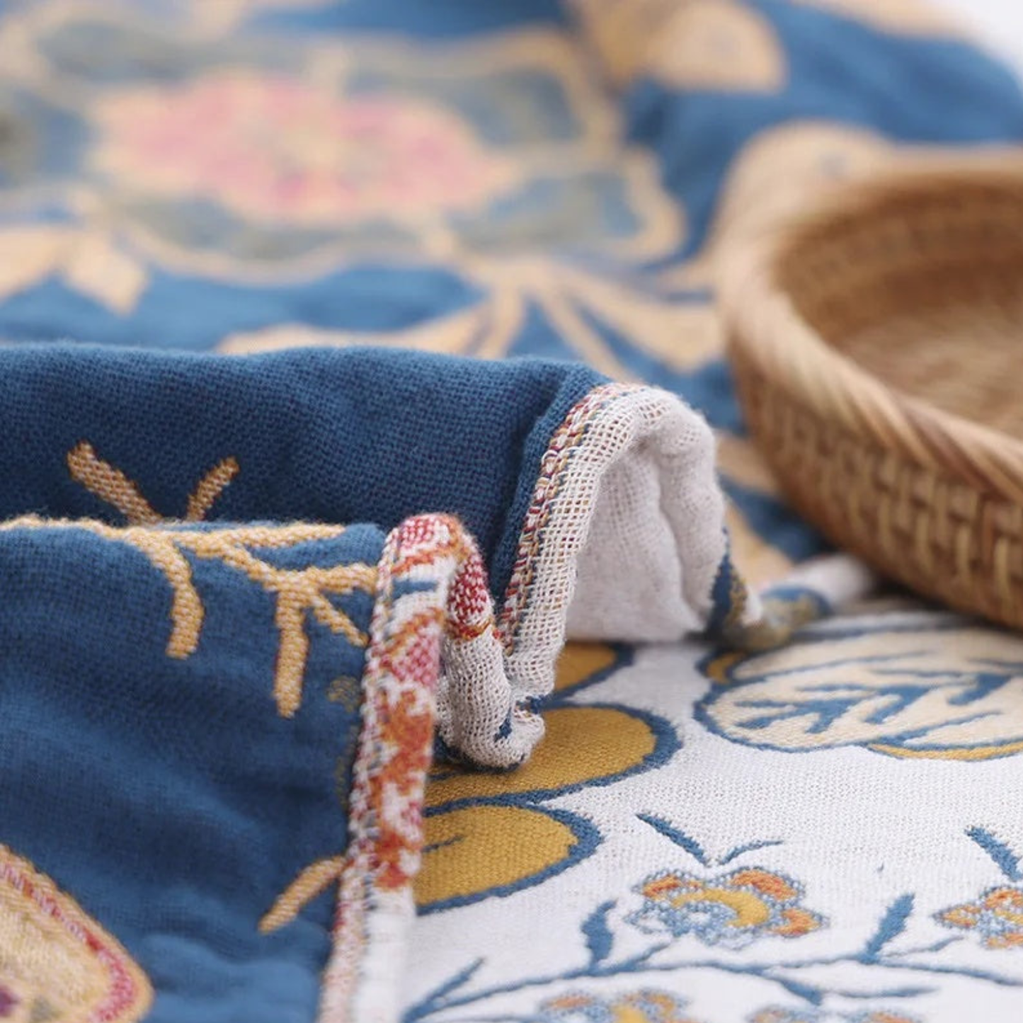 Reversible Floral Cotton Throw Blanket - Rustic Artistic Jacquard Bed & Sofa Throw