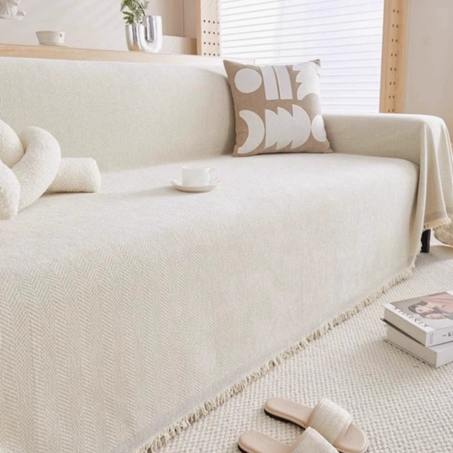 Chenille Sofa Cover Throw - Pet-Friendly Washable Furniture Protector with Tassels